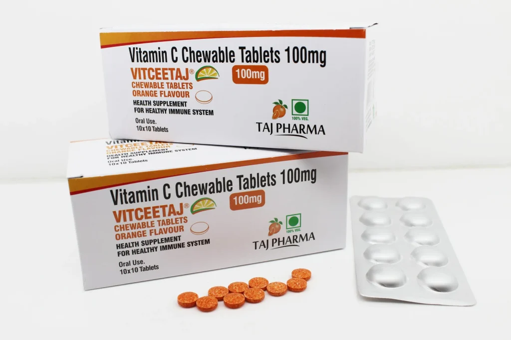 Vitamin C tablets manufactured by Taj Life Sciences, clean-label FSSAI-approved nutraceutical supplement produced under pharma-grade quality for global export